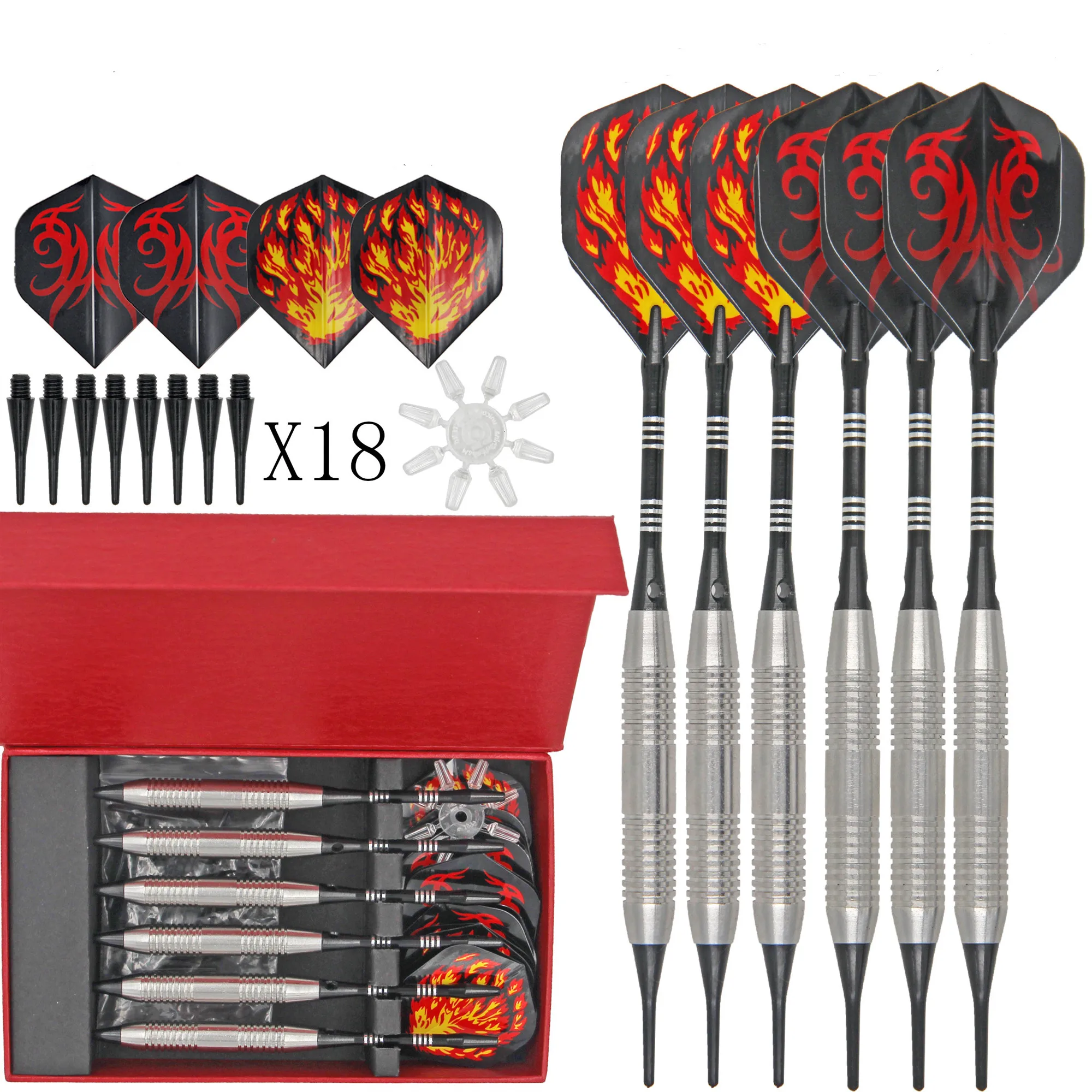 Darts Plastic Tip Soft Set 6 Pcs 19 Gram with 18 Extra Dart Tips 2 Styles Flights Flight Protectors