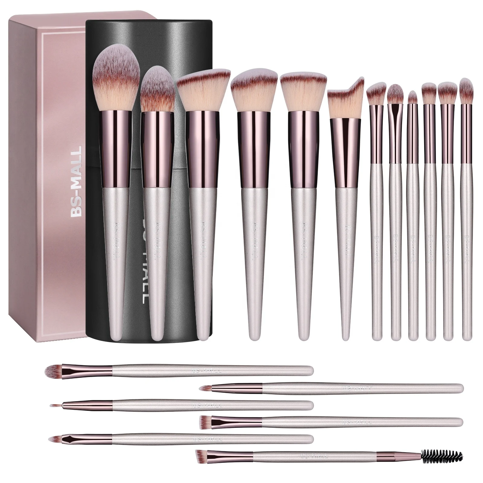 BS-MALL Champagne Gold Makeup Brushes Set 18PCS Skin-Friendly Private Label Synthetic Brushes Makeup With Holder