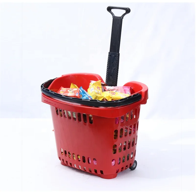 Хорошее качество розничный магазин двухколесная вращающаяся корзина для покупок с ручкой из алюминиевого