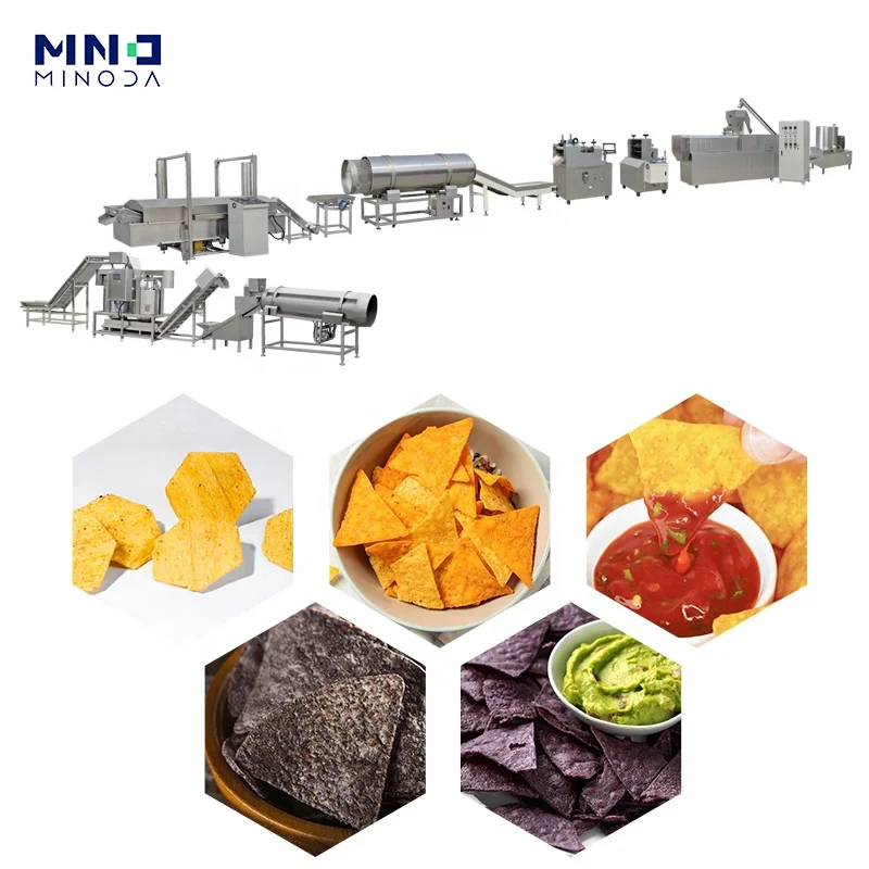 MINODA Custom Double Screw Extruder Snack Food Machine Cone Fried Corn Bugles Chips Production Line