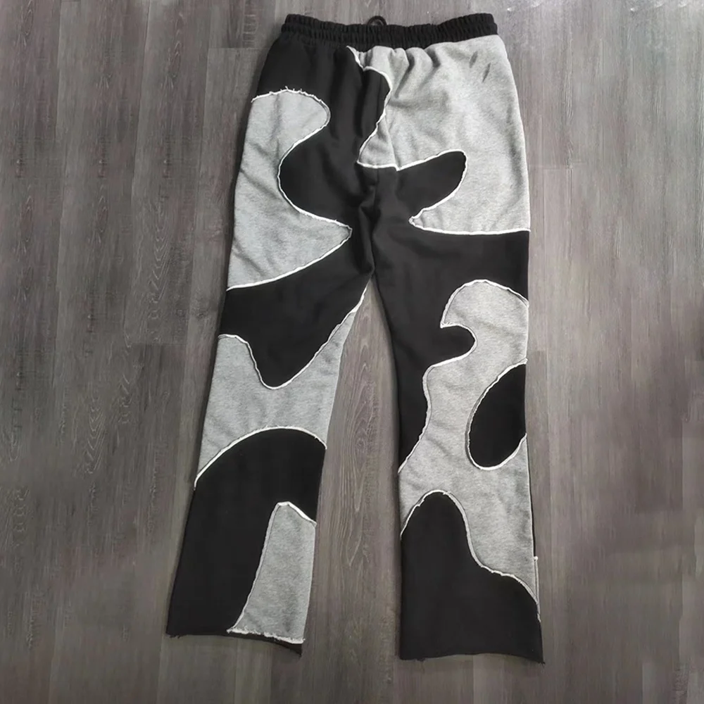 Custom streetwear cut and sew pants distressed embroidery applique patch 100% cotton men sweatpants