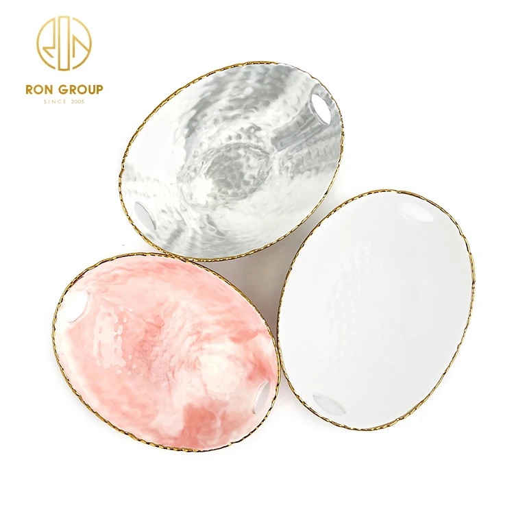 Nordic Unique gold rimmed porcelain plate marble dinnerware set round Western Ceramic cheap plates