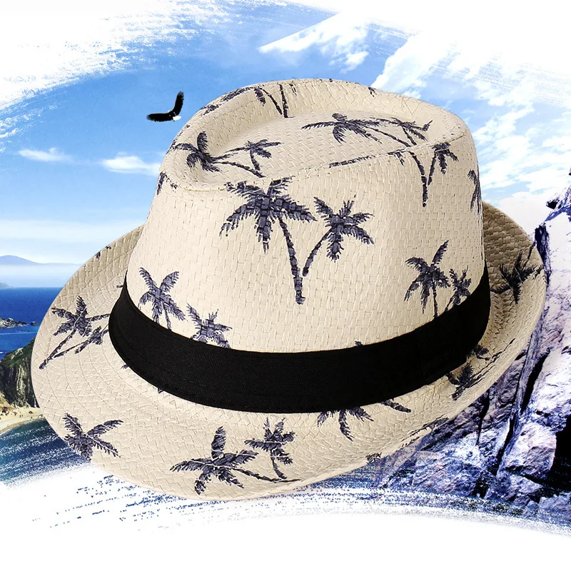Beach Coconut Palm Printed Fedora Straw Hat for Men Boys Sun Protection Printing Summer Jazz Hat