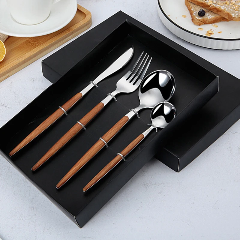 Hongda 430 Flatware Spoon Fork Knife Stainless Steel Wooden Plating Handle Cutlery Set