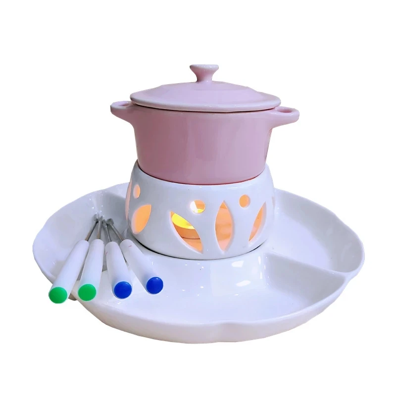 Ceramic Chocolate Fondue Set With 4 ForksMini Multifunctional Melting Stove for Heating Cheese Butter Ice Cream