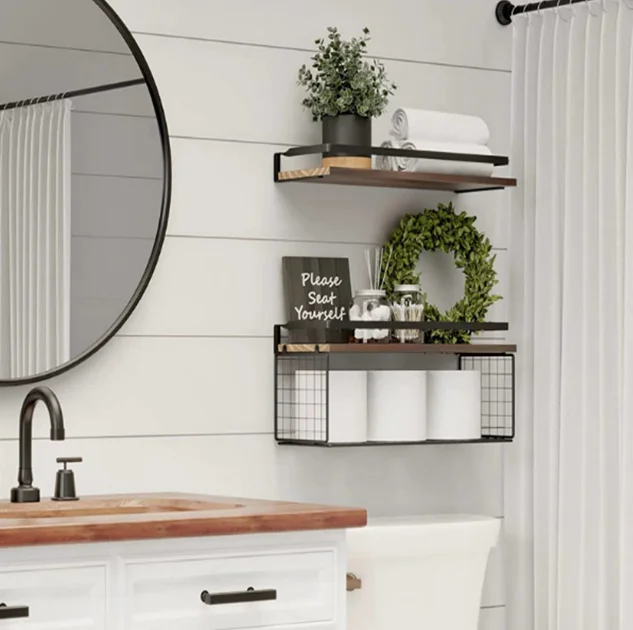 QUAWE Shower 2 Pack Rustproof Shower Rack Hanging Wooden Black Shelves Bar Wall Shelf Cabinet Organizers