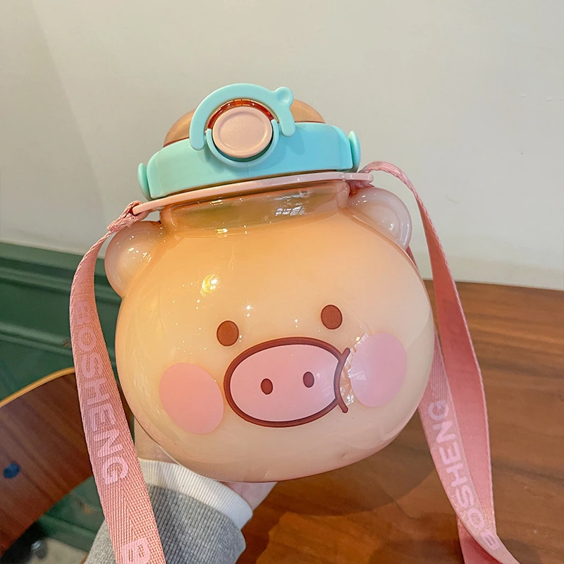 High Quality Cartoon Cute Animal Shaped Kids Plastic Water Bottle With Strap Straw