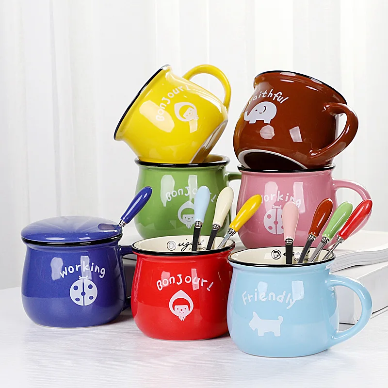 Wholesale 6oz 9oz 14oz Simple Big Belly Ceramic Mugs Custom Logo Printed Cartoon Breakfast Milk Cups For Promotional Gift