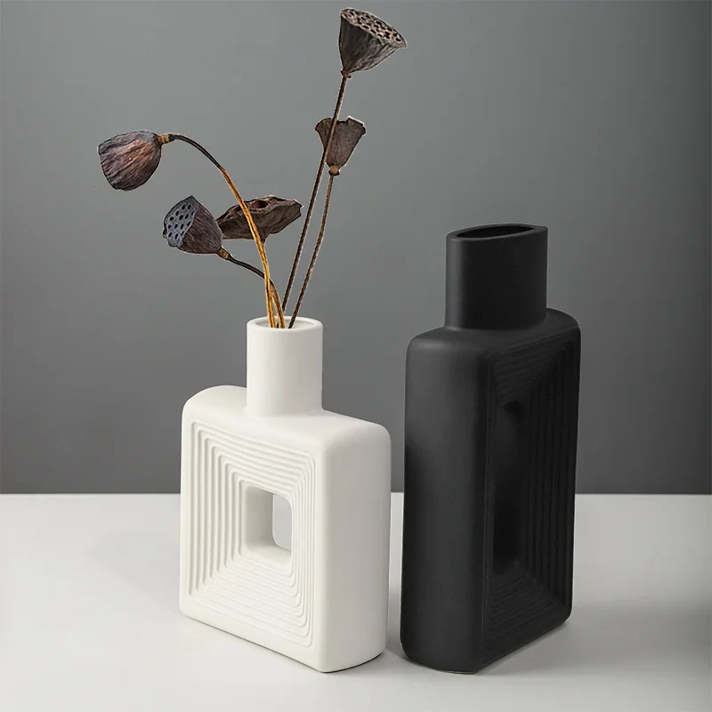 Morden Square Ceramic white black Decorative Indoor Flower Vase Flower Artificial Flower With Vase For Home Decor