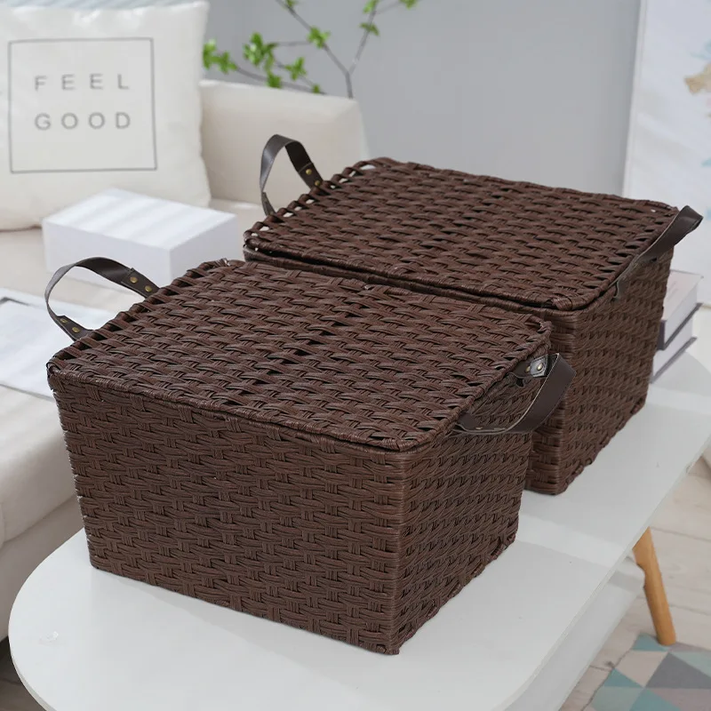 Car basket imitation Rattan woven storage basket dustproof with cover picnic fruit basket kitchen storage box in stock wholesale
