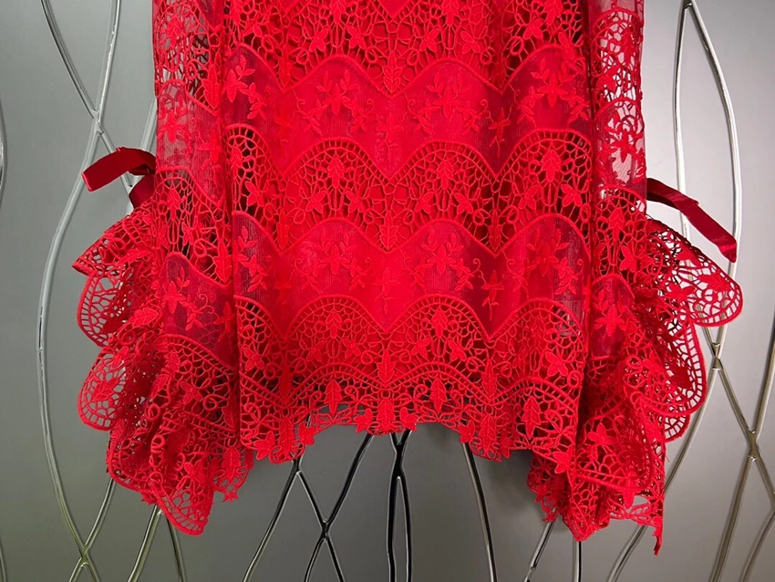 Tops Fashion Designer Blouses 2023 Spring Summer Blouse Women Allover Crochet Lace Embroidery Bow Deco Flare Sleeve Red Blue Top