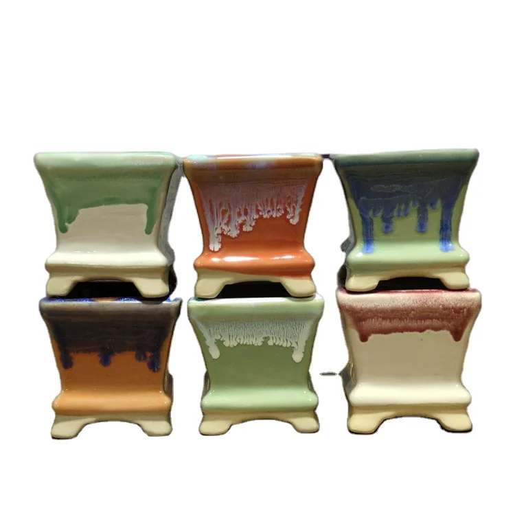 Square mouth ice crack candy color kiln flow glaze ceramic flower pot coarse pottery table top decorative succulent plant pot