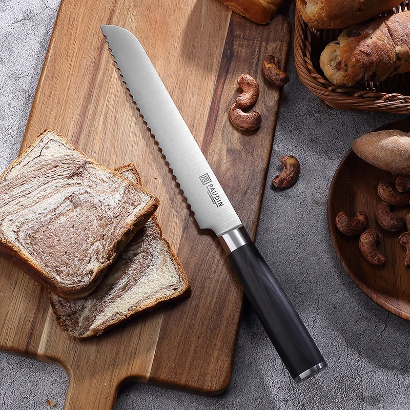 New Arrivals 8 Inch Chefs Knife 5Cr15Mov Stainless Steel Serrated Blade Pakka Wood Handle OEM Kitchen Knife Bread Knife