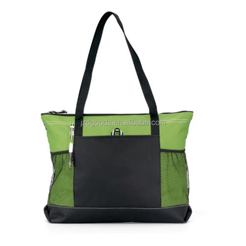 HOT Large Cheap Travel Exhibition Business Handle Carrier 600d Polyester Canvas Zippered Shopping Tote Bag With Mesh Pockets