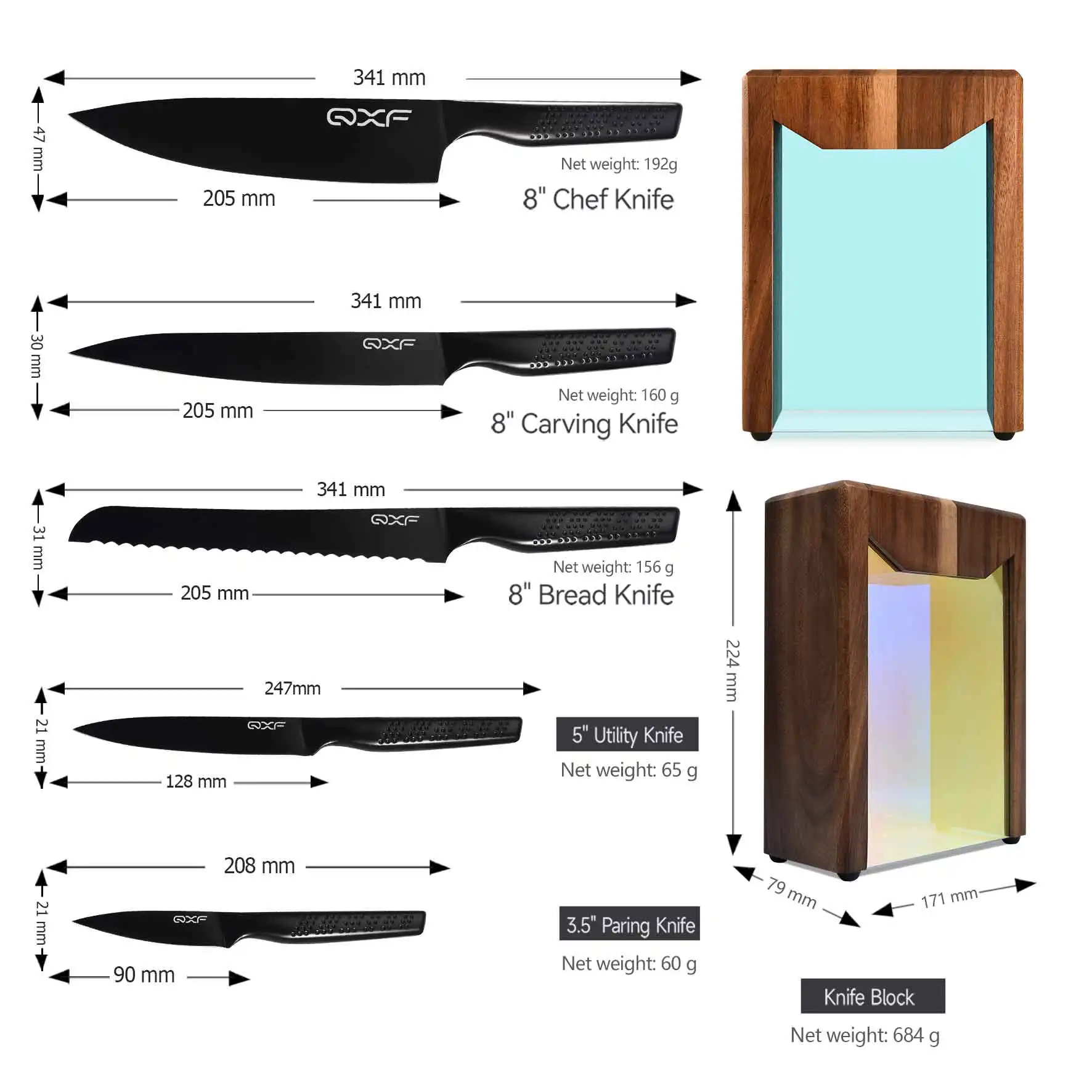 QXF 6 PCS Black Coated Painted Kitchen Knife Set 5Cr15MoV Stainless Steel Hollow Handle Chef Knife with Acrylic Wood Knife Stand