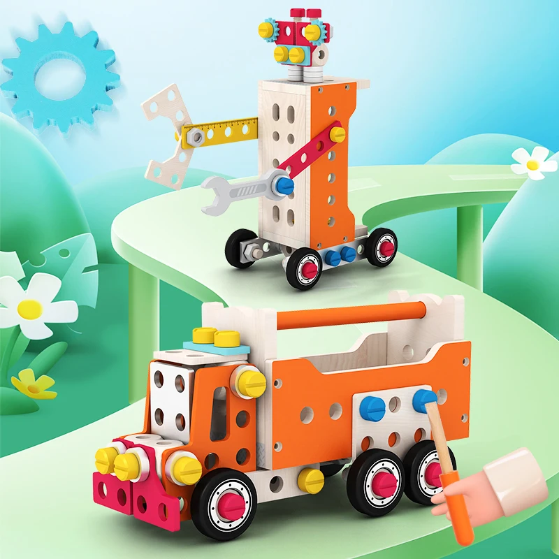 CE CPC New Arrival Screw Nut Disassembly Wooden Toolbox Early Educational Screw Nut Truck Wooden DIY Tool Assembly Toy Kids
