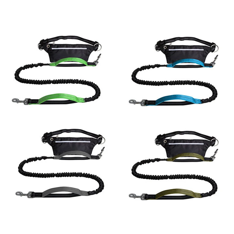 Reflective Dual Handle Bungee Hands Free Dog Waist Leash with Dismountable Mesh Nylon Dog Waist Bag Pack