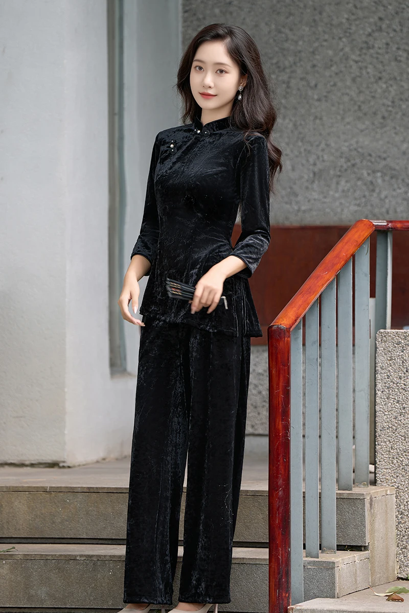 Warm And Comfortable Adults Autumn Winter Mother Dress Two Piece Golden Velvet Suit