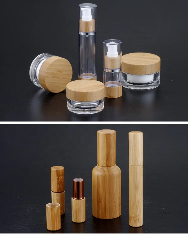 Оптовая продажа, OEM Экологически чистая акриловая бамбуковая бутылка для косметики, Бамбуковая банка для лосьона, бутылка-распылитель, набор для упаковки косметики