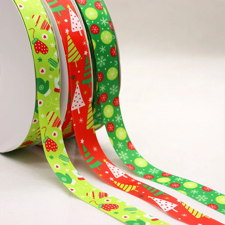 Factory custom printed logo satin ribbon ,1 inch merry christmas tree deco grosgrain ribbon roll for gift wrapping party holiday