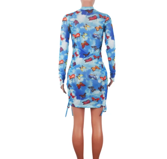 
Fashionable sexy transparent gauze butterfly print dress 