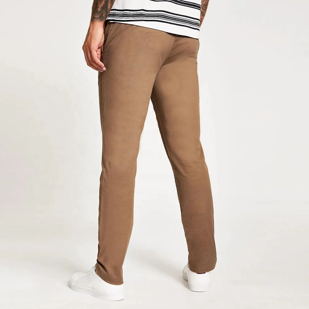 
Custom logo light brown slim fit chino trousers men skinny cotton stretch pants 