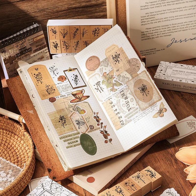 Wholesale creative retro plant flower rubber diary DIY decorative printing floral wooden stamp seal set