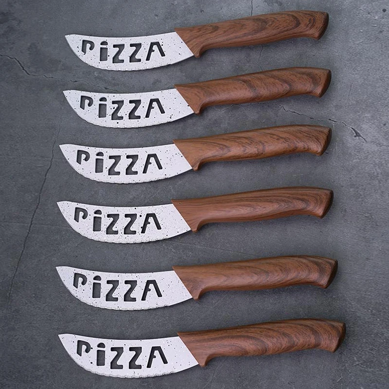 
6PCS Wood Handle Pizza Cheese Knife Set with PIZZA word on the blade 