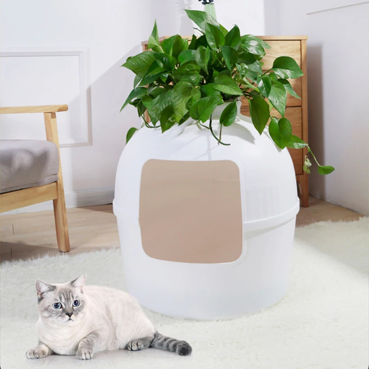 Self Cleaning Enclosure with Odor Control Carbon Filter Faux Plant and Real Stones Cats Litter Box