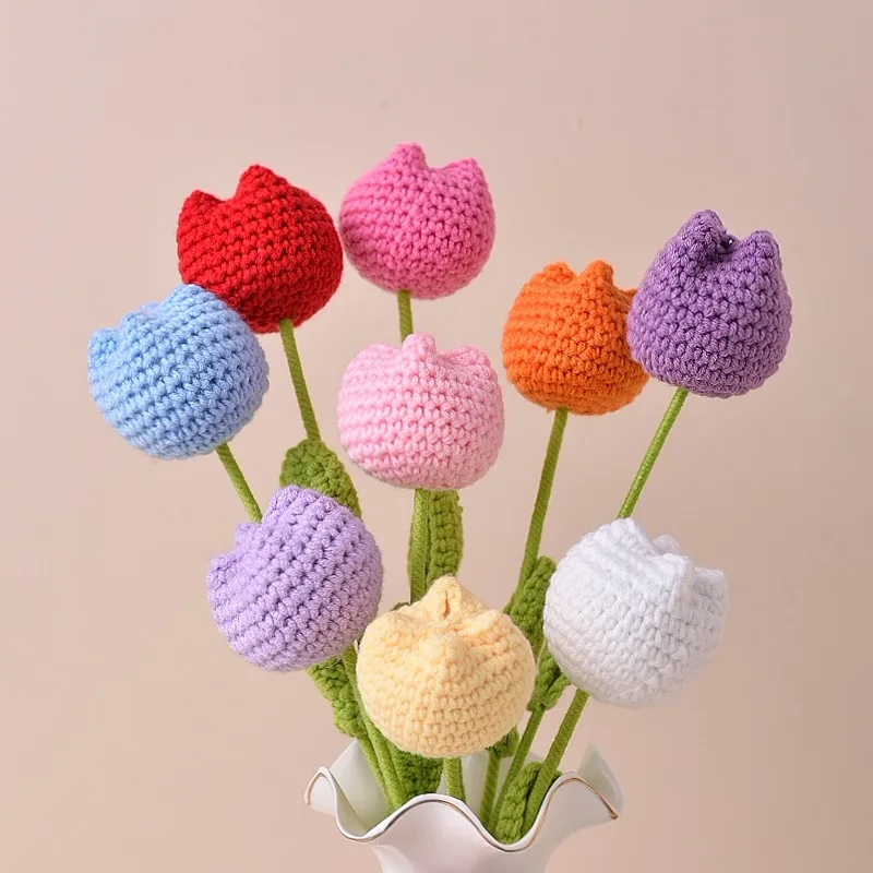 Wholesale Handmade Knitted Colorful Tulip Artificial Flower Crochet Flower for Christmas Graduation Halloween Versatile Use