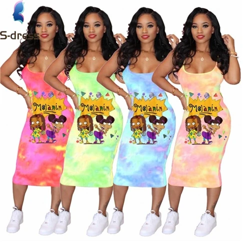 
D93966 clothes women dress summer Wind trend tie-dye cartoon suspender skirt 