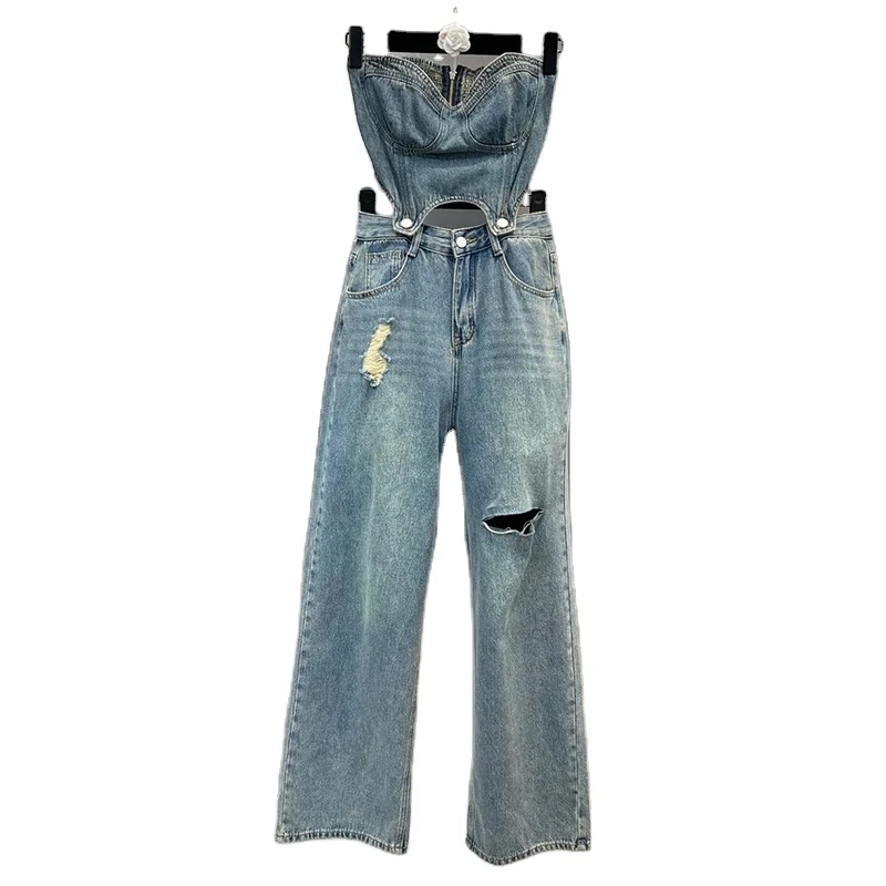 TWOTWINSTYLE Spring Summer High Quality Cotton Denim High Waist Women Jumpsuit 2023