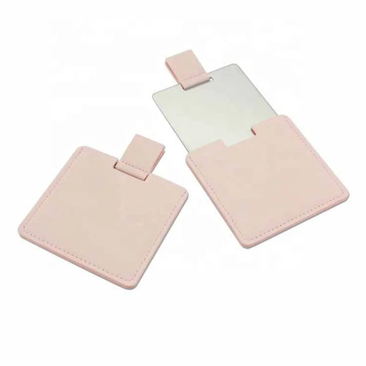 Wholesale customize logo metal gift travel mirror small square beauty makeup mirror with PU bag