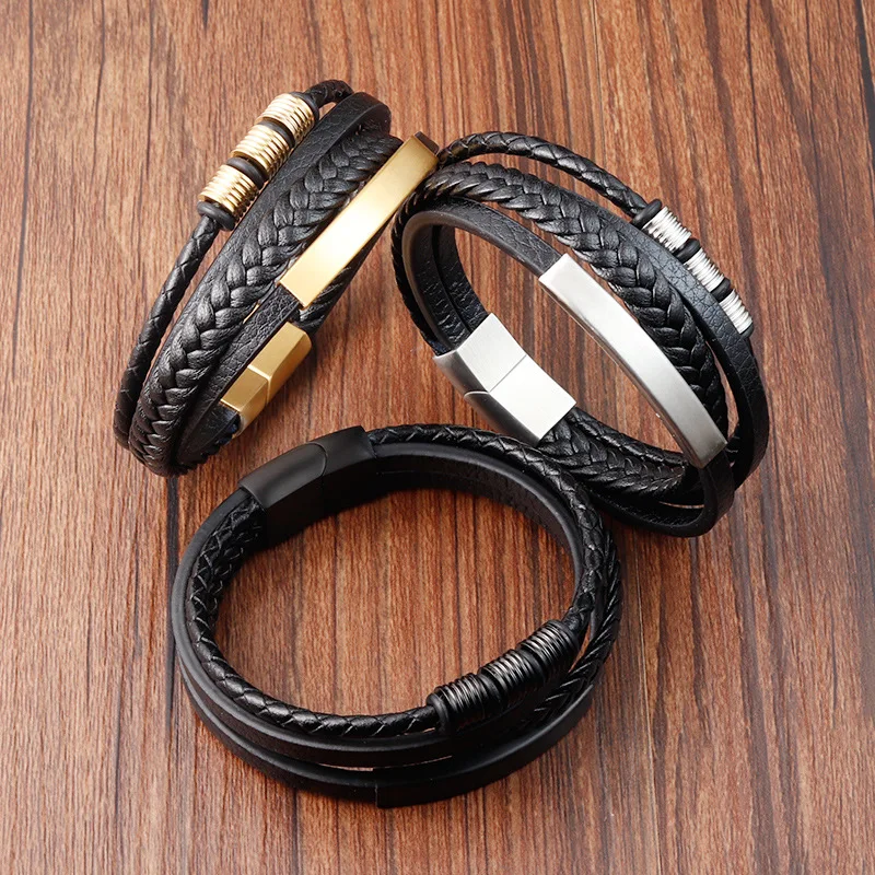 Fashion Multi Layer Woven Bracelet Gold And Black IP Plated Stainless Steel 316L Leather Bracelets For Men