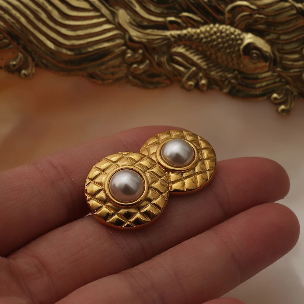 Mingxi Jewelry Fashion Waterproof Stainless Steel 18k Gold Plated Round Pearl Rhombus Inlaid Pearl Earrings