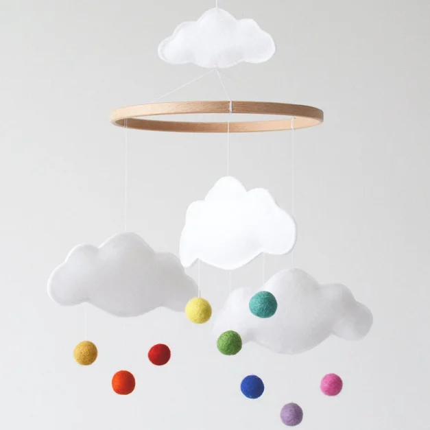 
hanging toys new nordic girl gift rainbow cloud felt pompom balls cot nursery decor baby crib mobile 