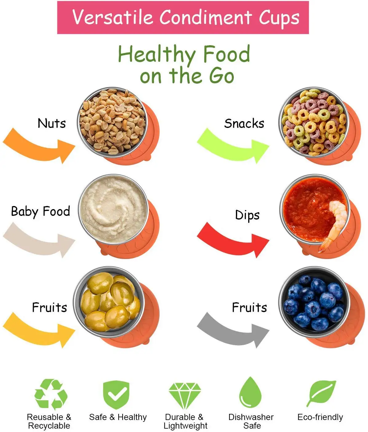 18/8 Stainless Steel Condiments Jars and Food Storage Containers Multiple Size Snack Sauce Pot With High Quality Silicone Lid