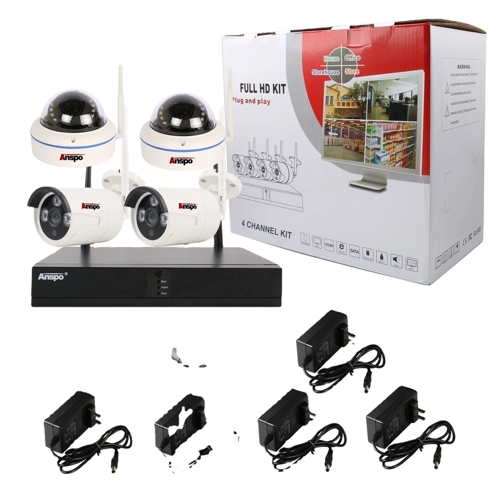 Anspo wifi 3MP FULL HD 4CH CCTV Camera Wireless kit Outdoor Indoor Waterproof Wifi NVR Kit Network IP CCTV Camera System set