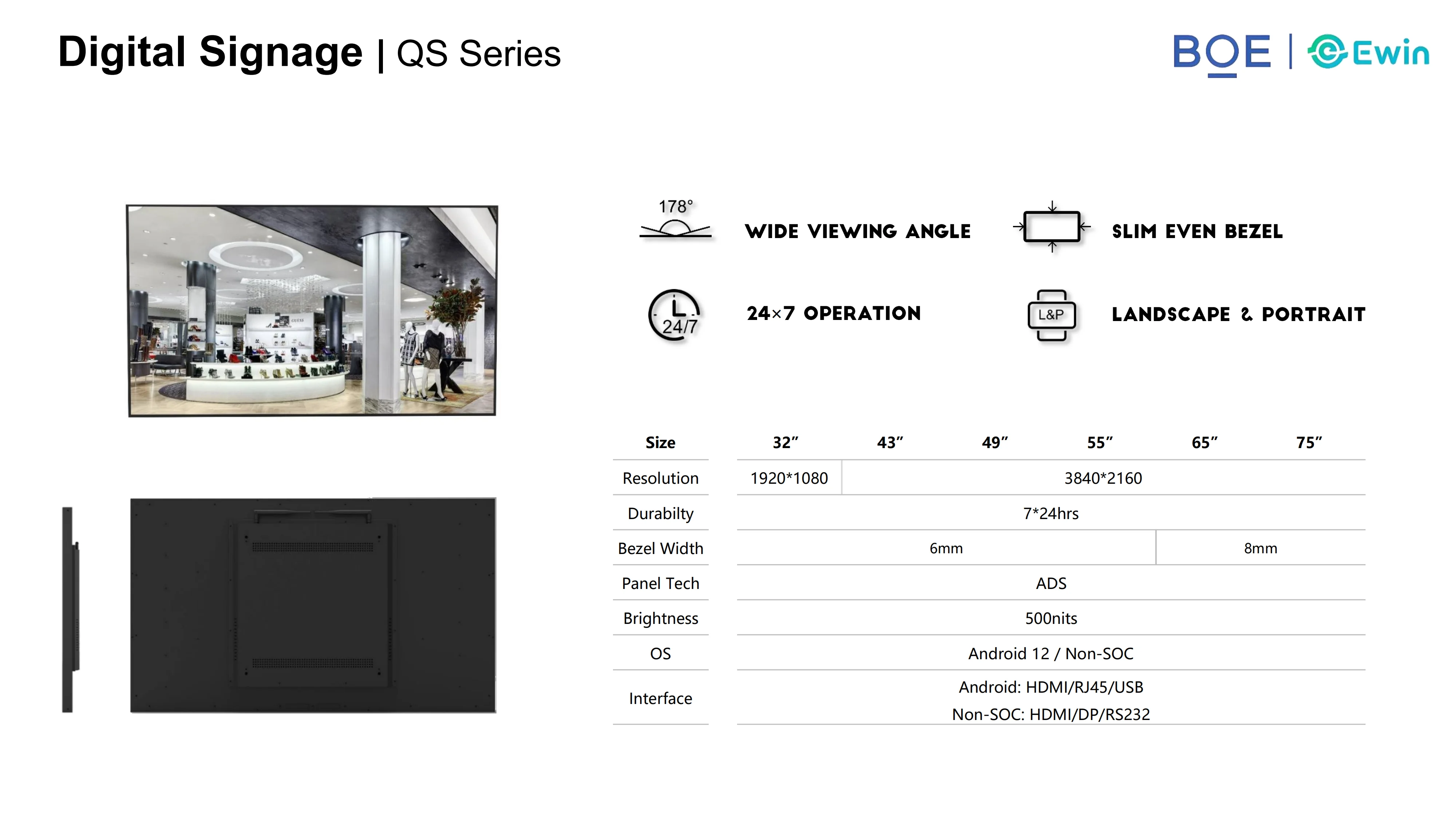32-Inch 500 Nits Digital Signage Monitor (non-soc) for Advertising in Shopping Malls Retail Stores Media Commercial Use