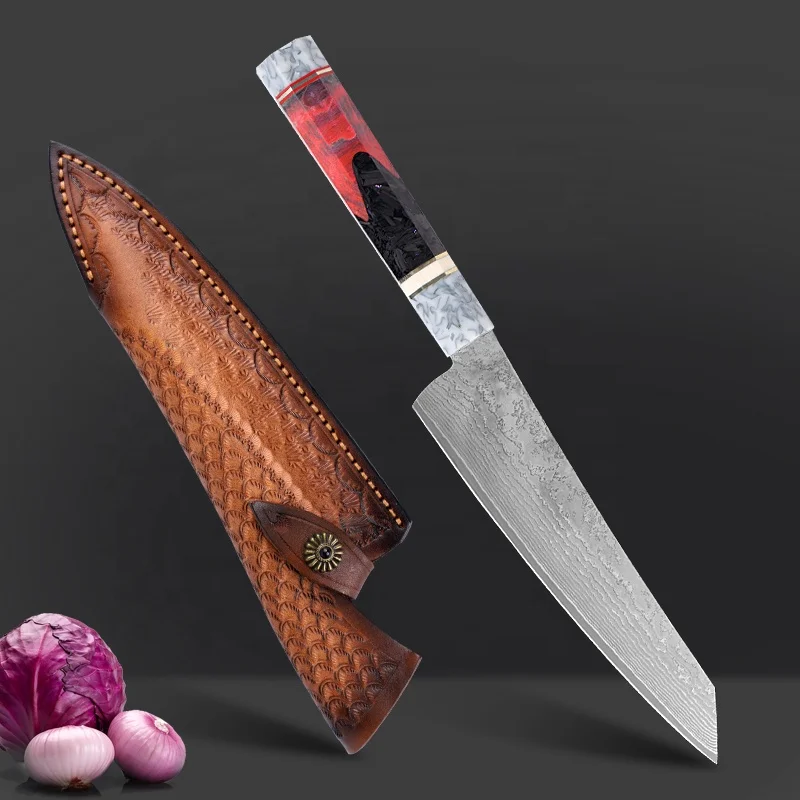 Japanese Damascus VG10 Wood Handle Slicing Butcher Cut Messer Damascus Chef Knife with Leather Scabbard