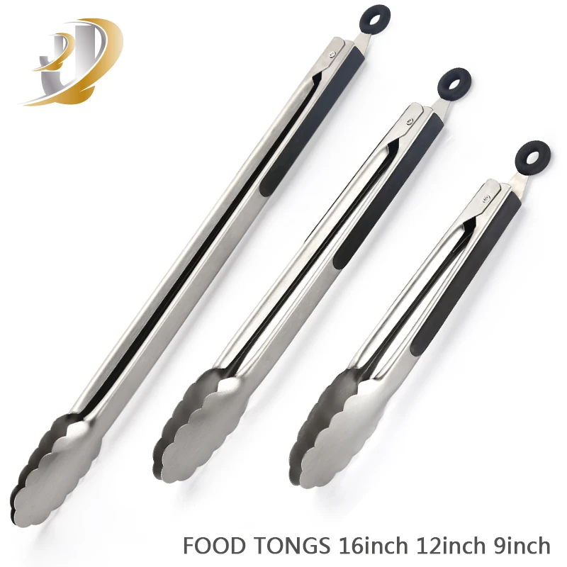 9,12 ,16 inch Food Tongs  Kitchen Stainless Steel TPR Handle Tongs for Barbecue Service Bread Clips Tongs