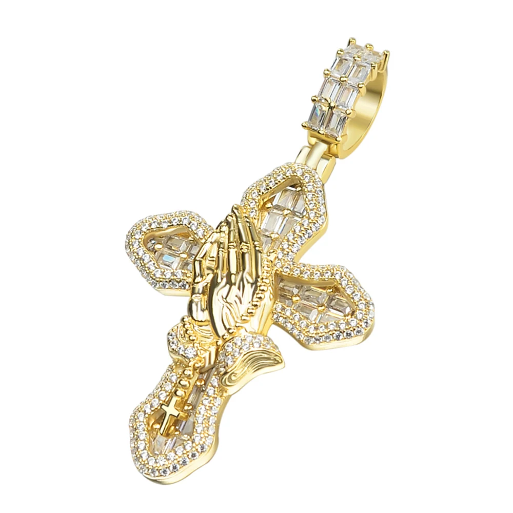 High quality 10K 14K rhodium gold plated micro pave cz moissanite chunky custom anchor nail christian praying hand cross pendant