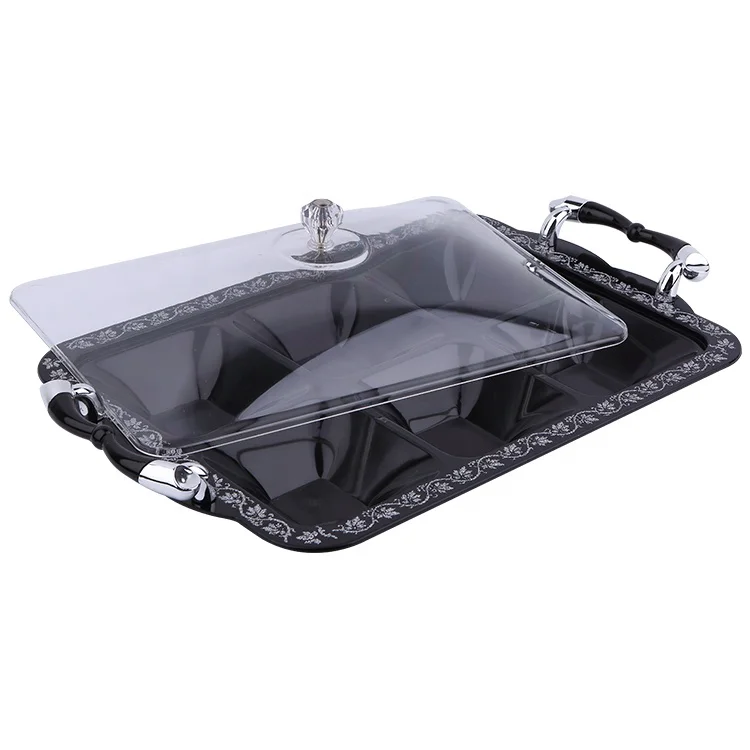 Black Luxury Hotel Home Party 6 Grid Food Tasting Plate Buffet Acrylic Plastic Tray With Lid