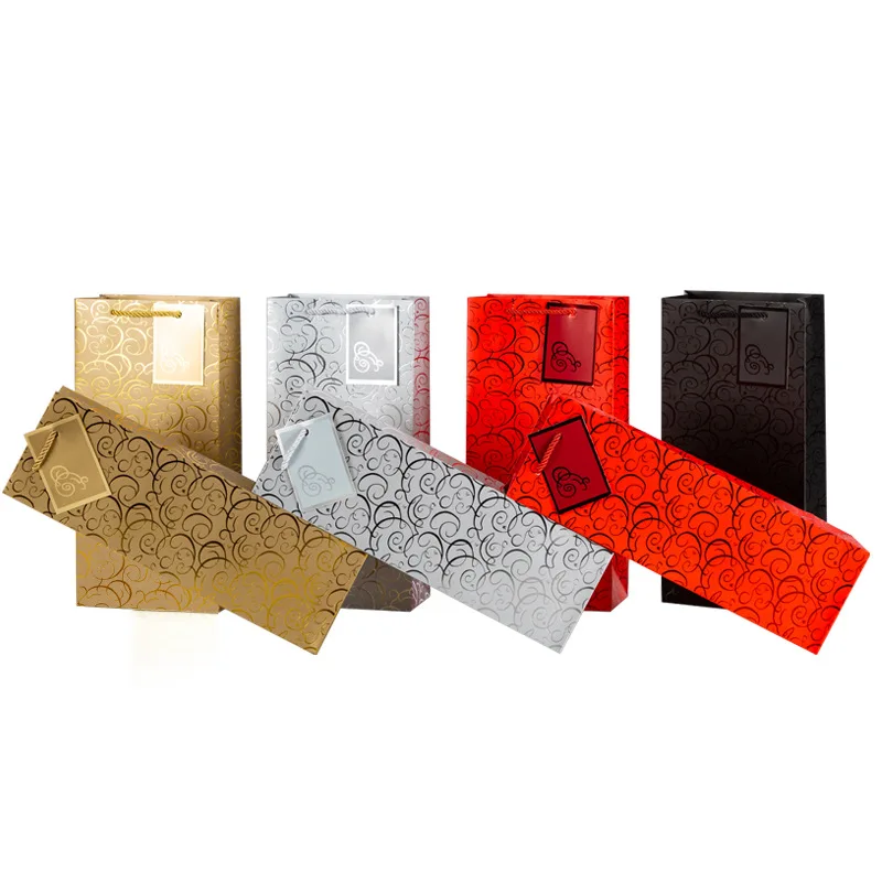 Оптовая продажа, винные пакеты с горячей штамповкой, одинарный и двойной пакет для красного вина, индивидуальный подарок для вина, бумажный пакет для бутылки с виноградом с ручкой