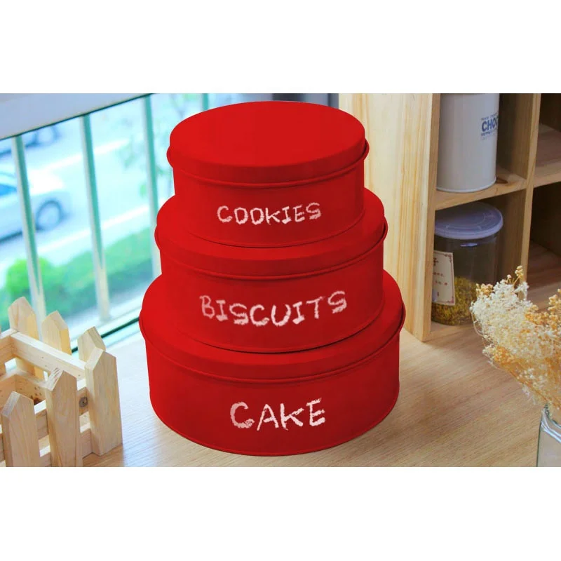 OEM Custom Stylish Tin Box 3PCS Cake Biscuits Tins With Lids Metal Round Cookies Canister Set