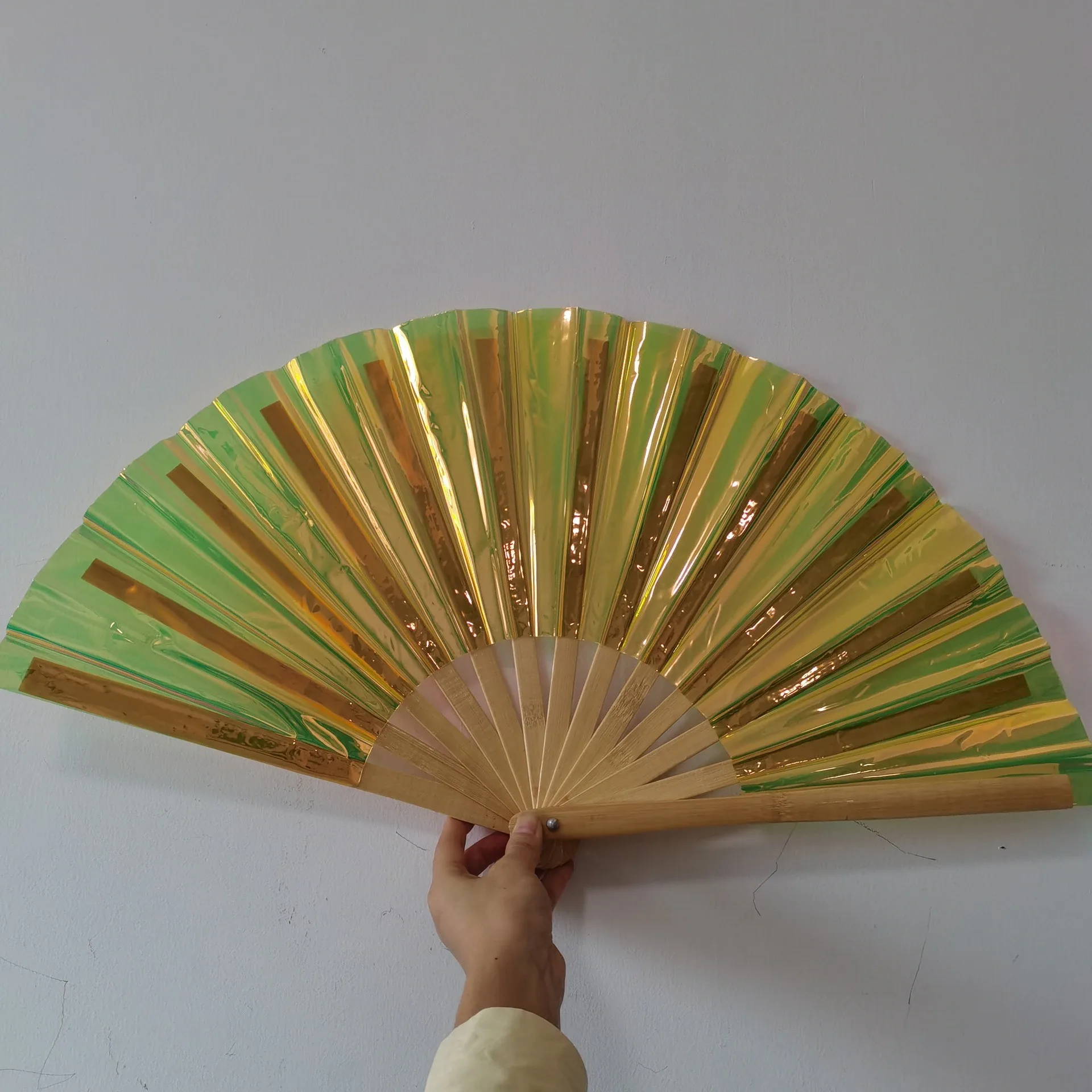 33cm Large Iridescent Holographic TPU Bamboo Folding Hand held Clack Fan for Rave Festivals Party Accessories