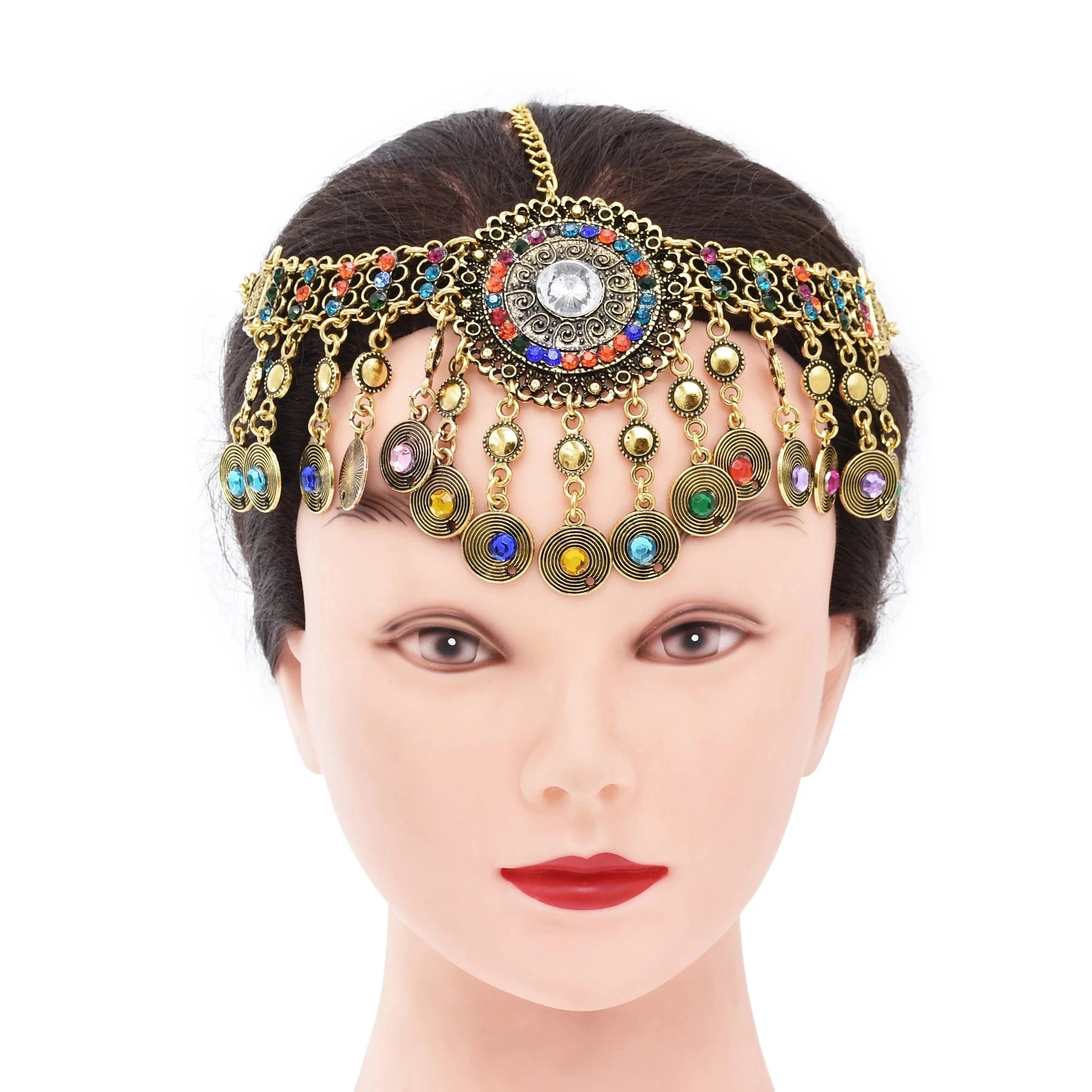 Vintage Bohemian Multi Flower Coin Tassel Headband Ethnic Statement Hair Jewelry Maang Tikka