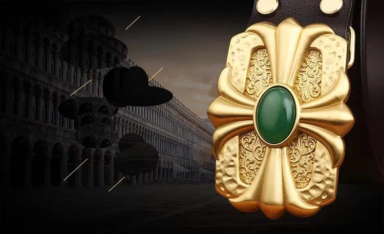 40mm inner width solid brass 3D embossed flower design green agate stone western name plate belt buckle