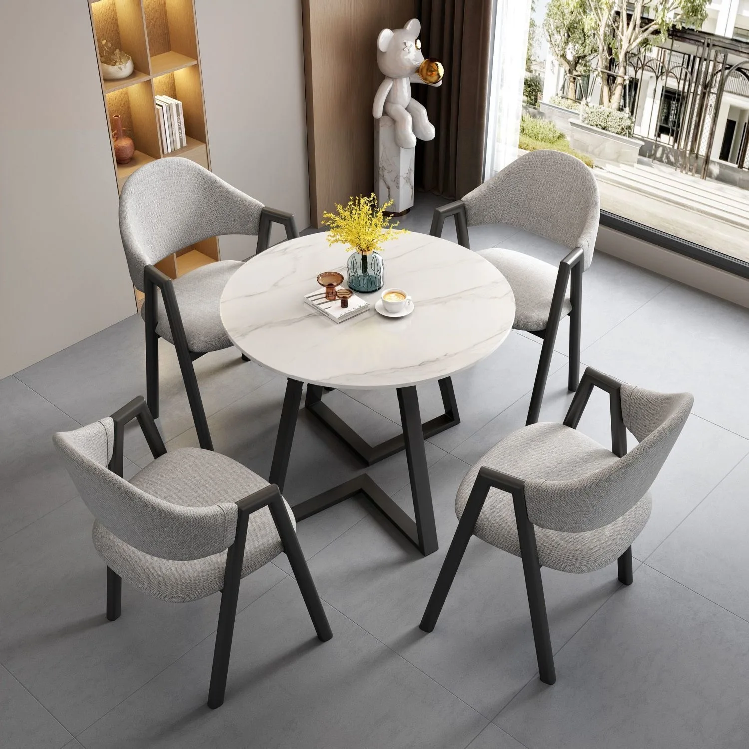 1desk 4 Chair Dining Room Set Hotel Furniture Restaurant Cafe Shop Leisure Reception Round Table Leather Chair
