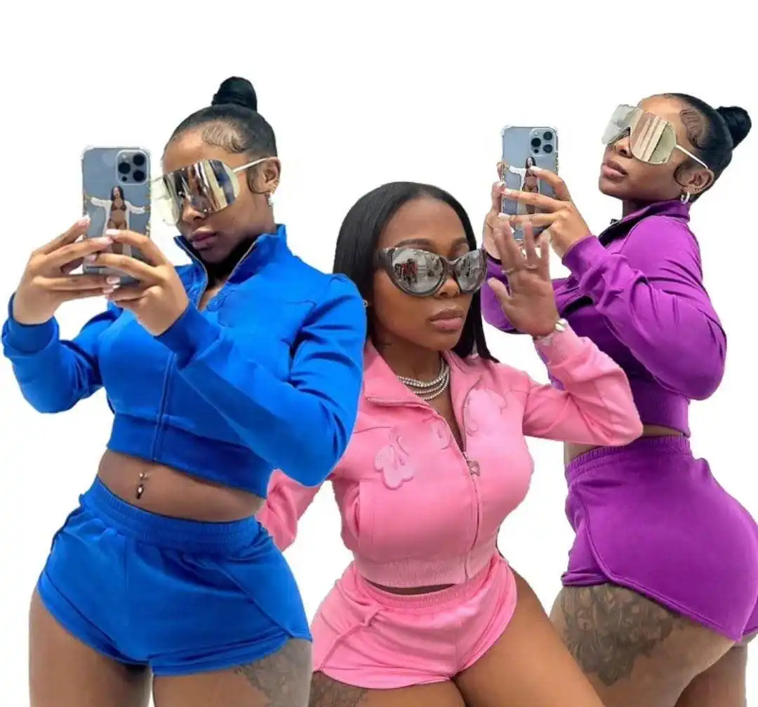 Clothing Manufacturers Two Piece Set for Women Fleece Zipped Jacket Sports Wear Shorts Set Stand Collar Summer Outfit